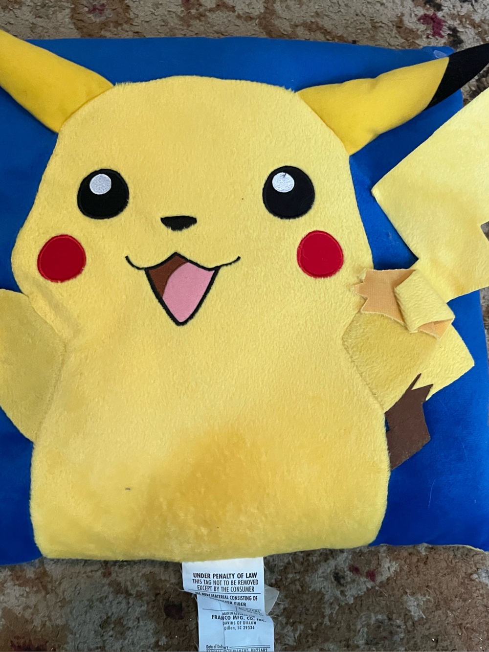 Vintage 1999 Pokemon Pikachu Throw Pillow Franco Mfg Co Nintendo Collectible 15"